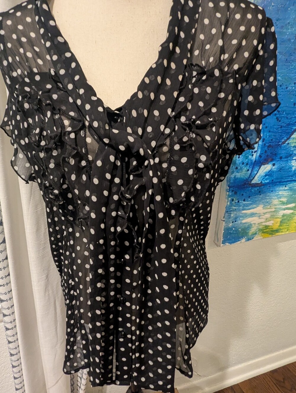 Maurice's Black Polka Dot Ruffle V-Neck Women's Top.
